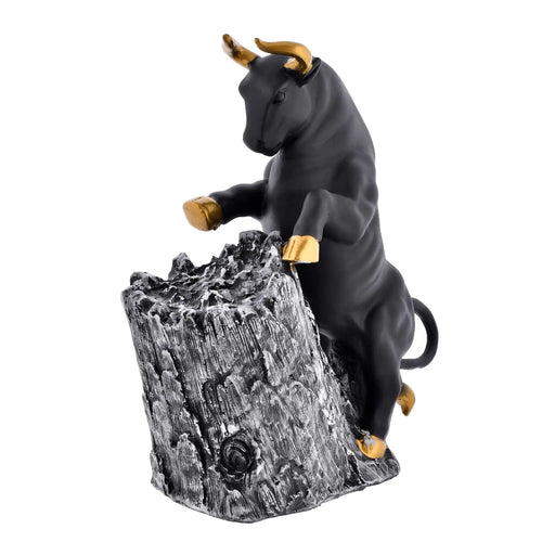 Black & Gold Bull Climbing Rock Figurine – Antique Geometric Animal Sculpture for Home & Office Décor