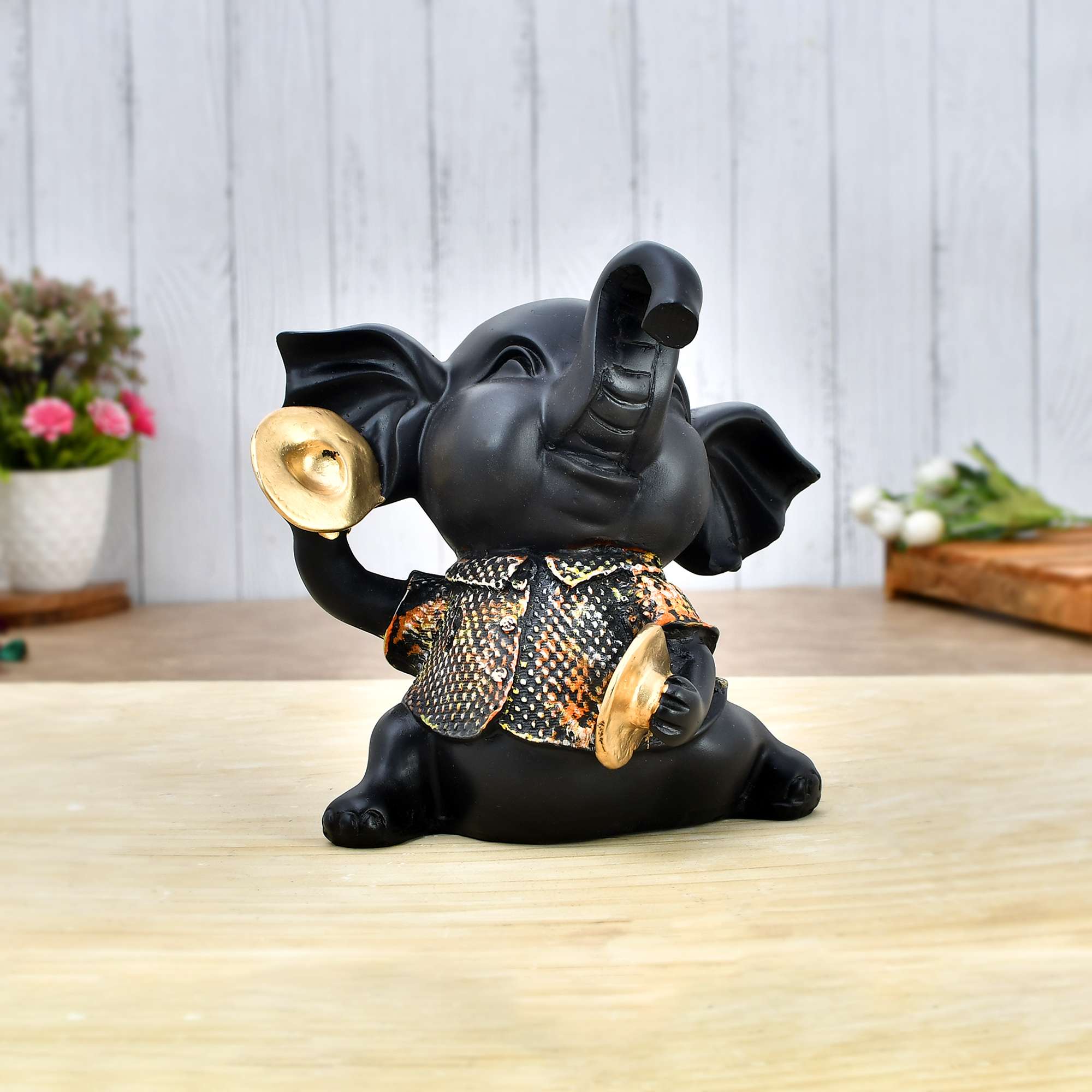 Elephant Playing Musical Instrument Sculpture – Decorative Showpiece Figurine for Home & Living Room